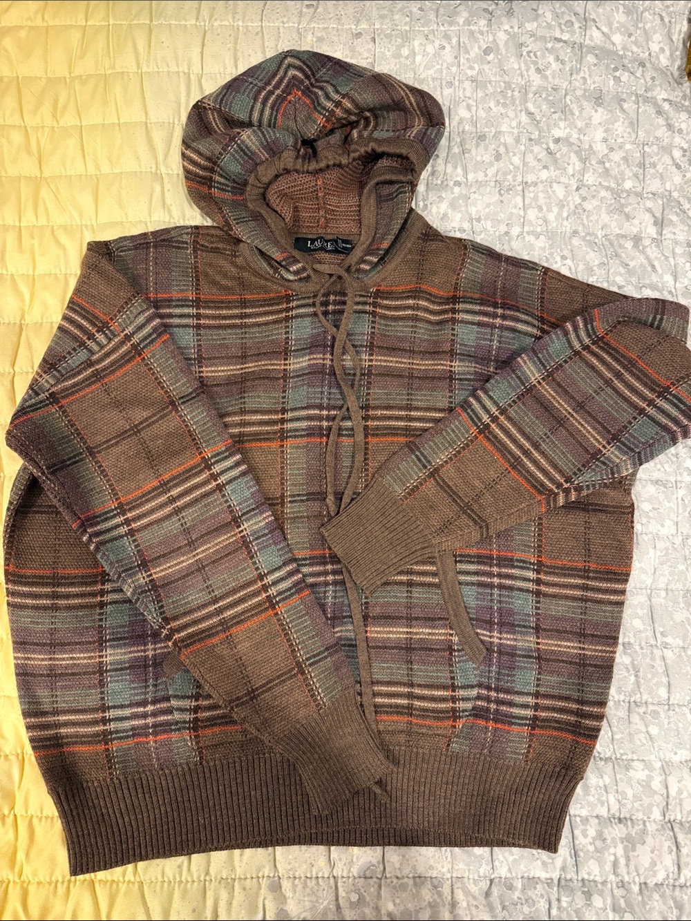 Lauren Ralph Lauren Brown Plaid Zip-Up Hooded Sweater with Multicolor Stripes